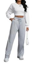 Calça moletom flanelado cor cinza claro feminina 2 bolsos cordão de ajuste na cintura barra reta Calça moletom flanelado cor cinza claro feminina 2 bolsos cordão de ajuste na cintura barra reta