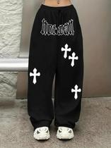 Calça Moletom Larga Unissex Wide Leg Cruz Gotica Hype Casual Barra Reta