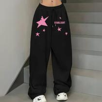 Calça Moletom Wide Leg Feminina Estampada Streetwear Barra Reta
