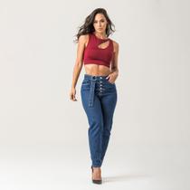 Calça Mom Feminina Jeans Cós Elástico Zune