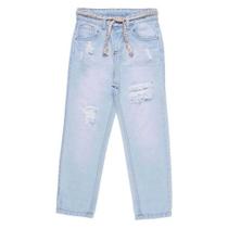 Calça Mom Fit Menina Mania Kids em Jeans com regulagem interna e detalhes em destroyed