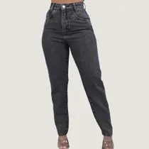 Calça Mom Jeans Feminina Cintura Alta Cinza Grafite Premium