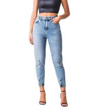 Calça Mom Jeans Feminina Cintura Alta com Rasgo no Joelho Zune