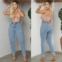 Calça Mom Jeans Feminina com Elástico na Cintura Barra Dobrada Versátil Calça Mom Jeans Feminina com Elástico na Cintura Barra Dobrada Versátil