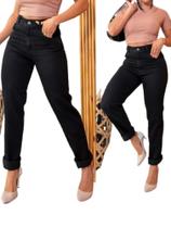 Calça mom preta jeans cintura alta 100% algodão