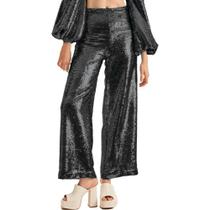 Calça Paetê Lança Perfume Wide Leg AV23 Preto Feminino