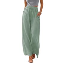 Calça Palazzo de Linho Cobiako Pantalona com Bolsos Verde-Sálvia