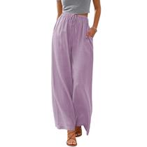 Calça palazzo feminina Cobiako de linho, perna larga, com bolsos, roxa, XL
