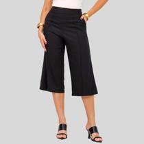 Calça Pantacourt de Linho Preta Cintura Alta Moda Feminina Básica Casual