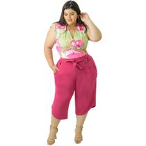 Calça Pantacourt Plus Size Feminina com Cinto Cós Médio Cintura Média Ponto Roma Catwalk Pink