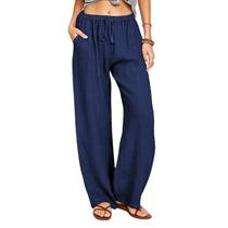 Calça pantalona Cobiako wide leg de algodão e linho azul-marinho tamanho S Calça pantalona Cobiako wide leg de algodão e linho azul-marinho tamanho S
