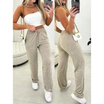 Calça pantalona de lazinho feminina cintura alta com bolso pra inverno