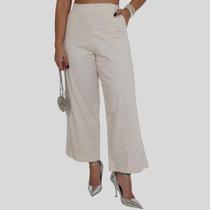 Calça Pantalona de Linho com Bolsos Laterais e Zíper