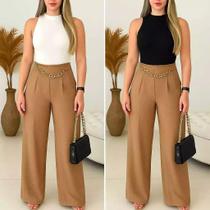 Calça Pantalona Duna Com Corrente Prata E Bolso Elegante Estilosa Alfaiataria