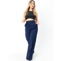 Calça Pantalona em Linho com Bolso e Cintura Alta Calça Feminina Perna Larga Wide Leg