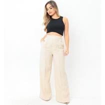 Calça Pantalona em Linho com Bolso e Cintura Alta Calça Feminina Perna Larga Wide Leg