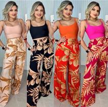 Calça pantalona estampada cos alto cintura alta