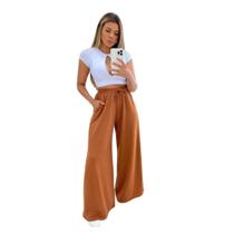 Calça pantalona feminia lanzinha com bolso e elástico na cintura, wid legg, flare -moletinho Calça pantalona feminia lanzinha com bolso e elástico na cintura, wid legg, flare -moletinho