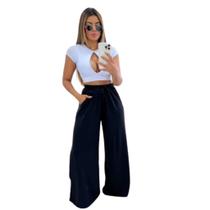 Calça pantalona feminia lanzinha com bolso e elástico na cintura, wid legg, flare -moletinho Calça pantalona feminia lanzinha com bolso e elástico na cintura, wid legg, flare -moletinho