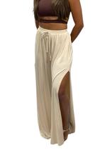 Calça Pantalona Feminina Cintura Alta com Fenda Lateral de Malha Tecido Leve Soltinho
