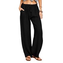 Calça pantalona feminina Cobiako de algodão e linho, perna larga, tamanho L