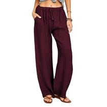 Calça pantalona feminina Cobiako de algodão e linho, perna larga, tamanho M