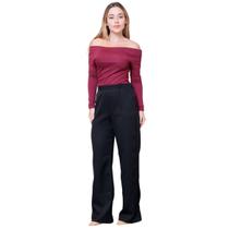 Calça Pantalona Feminina de Alfaiataria Lisa com Elástico e Bolsos Laterais