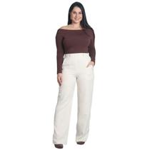 Calça Pantalona Feminina de Alfaiataria Lisa com Elástico e Bolsos Laterais
