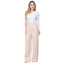 Calça Pantalona Feminina de Alfaiataria Lisa com Pregas e Elástico
