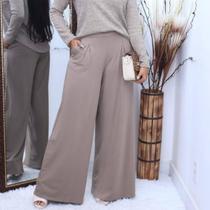 Calça Pantalona Feminina Em Malha Viscolycra Cintura Media Alta Com Bolsos
