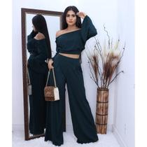 Calça Pantalona Feminina Em Malha Viscolycra Cintura Media Alta Com Bolsos