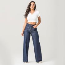 Calça Pantalona Feminina Jeans Cós Cintura Alta Conforto