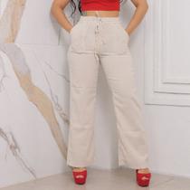 Calça Pantalona Feminina Linho Larga com elástico na cintura Bolso na frente e atrás Moda tendencia - Faraya Jeans
