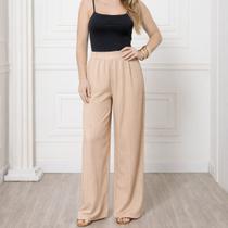 Calça Pantalona Feminina Listrada de Alfaiataria com Elástico e Bolsos Cor:Listrado BegeTamanho:GG Calça Pantalona Feminina Listrada de Alfaiataria com Elástico e Bolsos Cor:Listrado BegeTamanho:GG