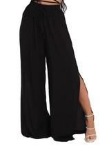 Calça Pantalona Feminina Preta Forrada Fendas Laterais Viscose 2997