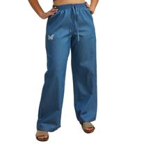 Calça Pantalona Feminina Wide Jeans Leg Cos Alto com Elastico cintura alta flare boca larga confortável charmosa discreta estampa borboleta