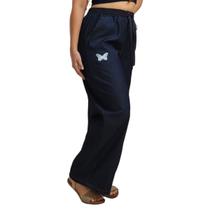 Calça Pantalona Feminina Wide Jeans Leg Cos Alto com Elastico cintura alta flare boca larga confortável charmosa discreta estampa borboleta