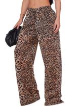 Calça Pantalona Forrada Animal Print Estampa Onça Perna Larga Calça Pantalona Forrada Animal Print Estampa Onça Perna Larga