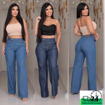 Calça Pantalona Jeans Feminina Social Cintura Alta Com bolso na frente e zíper moda tendência