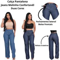 Calça Pantalona Jeans Feminina Social Cintura Alta Com bolso na frente e zíper moda tendência