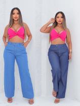 Calça Pantalona Jeans Feminina Social Cintura Alta Com bolso na frente e zíper moda tendência