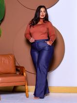 Calça Pantalona Jeans plus size Feminina tecido molinho Cintura Alta Com bolsos -