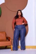 Calça Pantalona Jeans plus size Feminina tecido molinho Cintura Alta Com bolsos - Calça Pantalona Jeans plus size Feminina tecido molinho Cintura Alta Com bolsos -