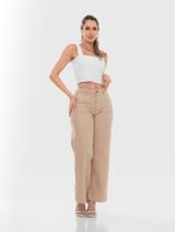Calça Pantalona Linho Feminina Cintura Alta Com bolso na frente e ziper - CREME - 38