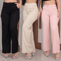 Calça Pantalona Linho Feminina Cintura Alta Com bolso na frente e ziper moda lançamento soltinha confortavel - Faraya Jeans