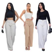 Calça Pantalona Linho Feminina Cintura Alta Com bolso na frente e ziper moda lançamento soltinha confortavel