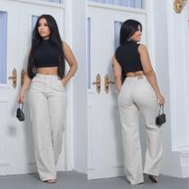 Calça Pantalona Linho Feminina Cintura Alta Com bolso na frente e ziper moda lançamento soltinha confortavel