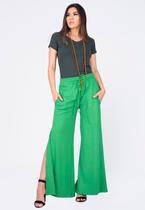 Calça Pantalona Malha com Fendas Verde Light