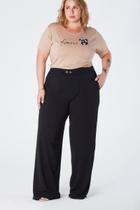 Calça Pantalona Plus Size Bolso Faca Elástico Traseiro na Cintura e Botões Decorativos Preta Dilza