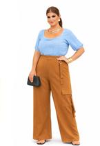 Calça Pantalona Plus Size Cargo com Cintura Alta Cor:BegeTamanho:46